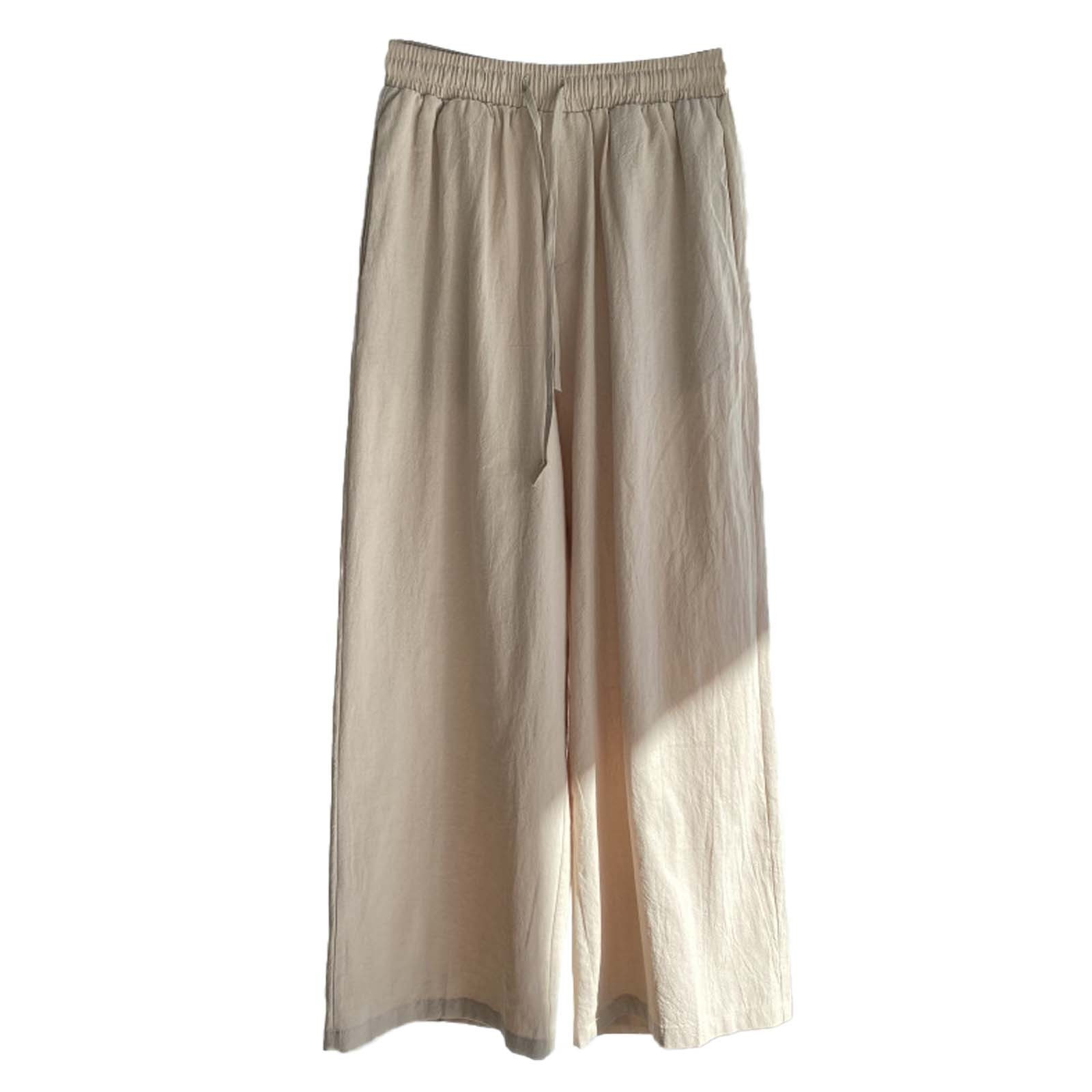 Htigea Women's Cotton Linen Palazzo Pants Summer Elastic High Waisted Drawstring Long Pants Loose Fit Plus Size Wide Leg Pants Solid Color Straight Trousers with Pockets